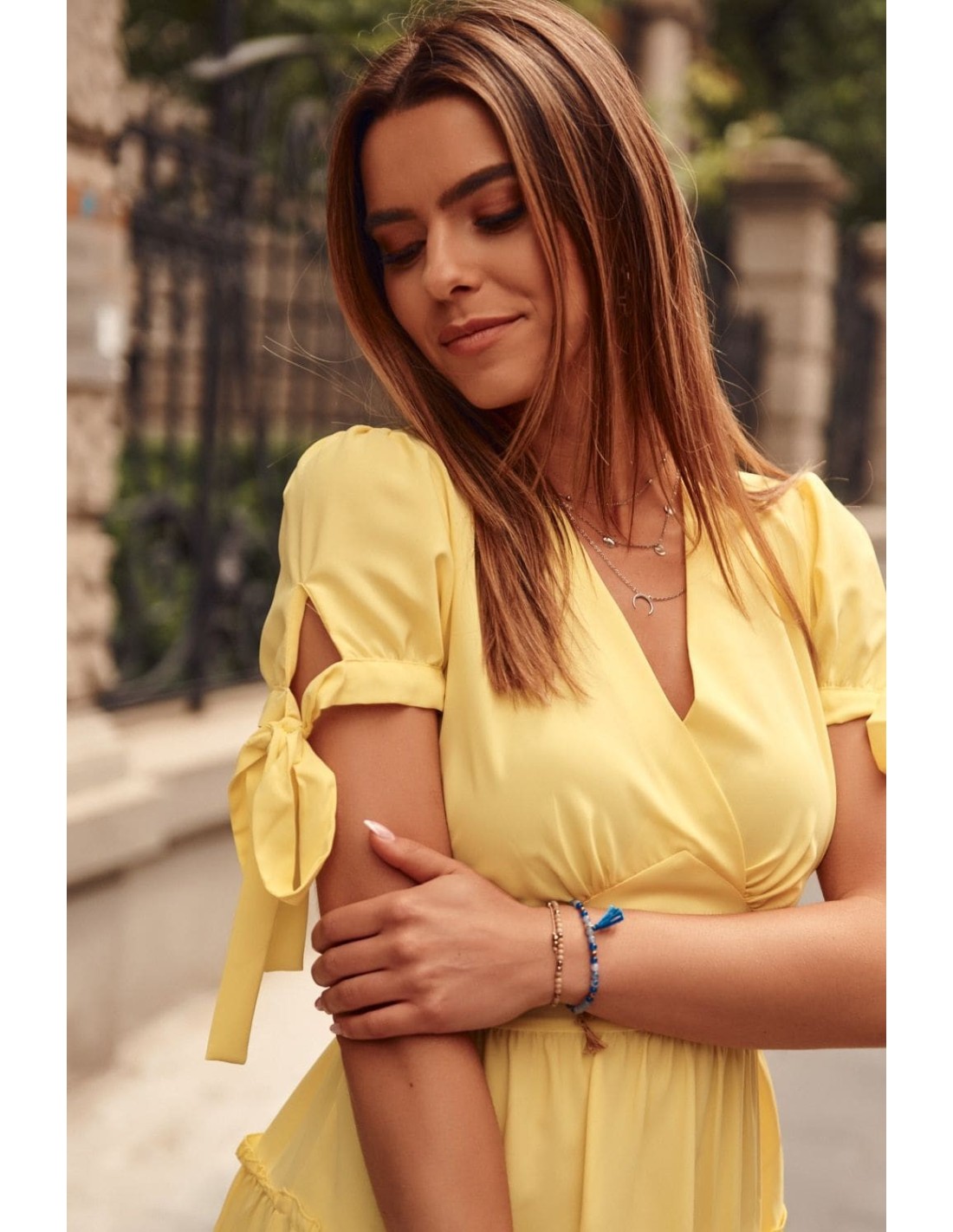 Summer dress with short sleeves, yellow PR3181 - Online store - Boutique